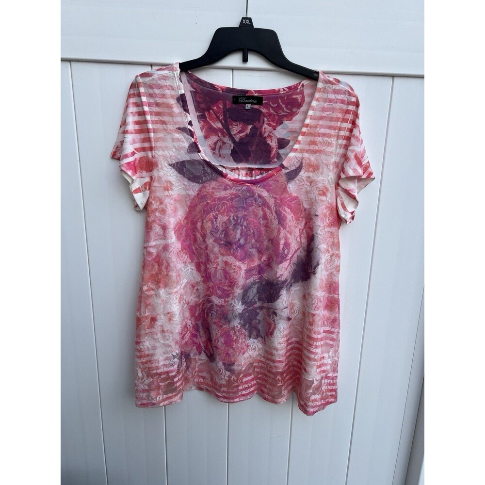 Davina Womens Floral Top Lace Shell Lined Pink Short Sleeve Size Large